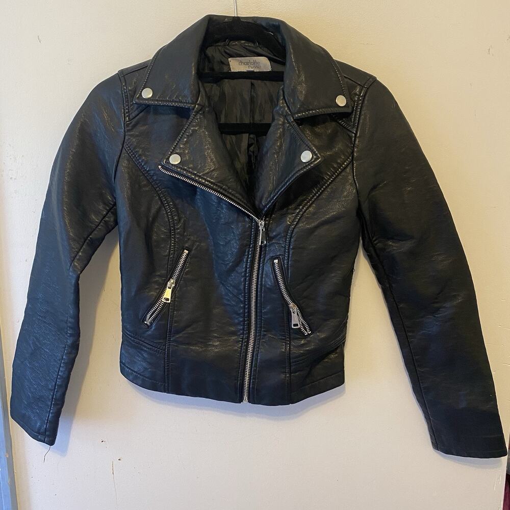Charlotte Russe XS Black Faux Leather Biker Jacket Jacket Zip Up Punks Grudge - Picture 2 of 11